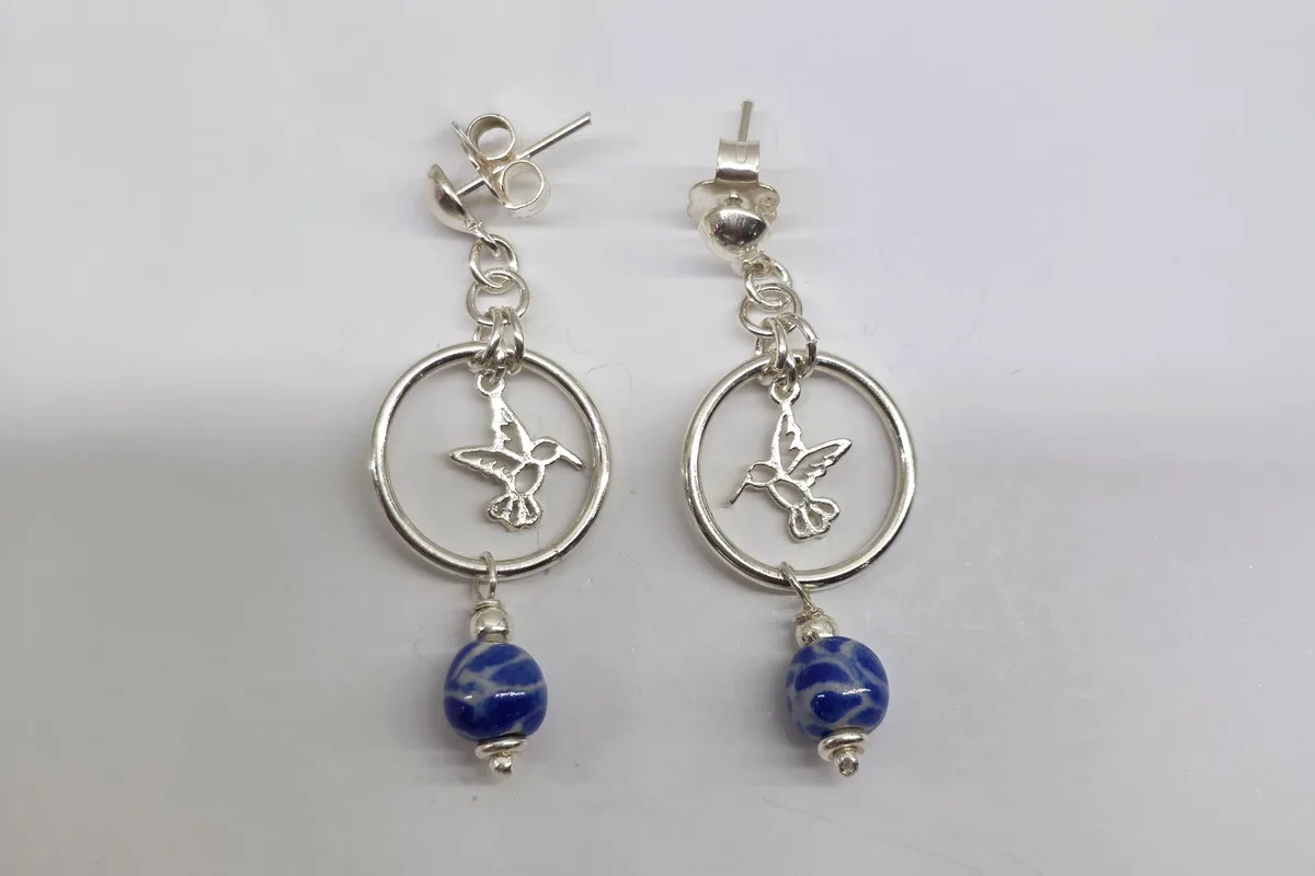 Arete Aro Plata Colibrí en Plata .925 y Talavera Poblana