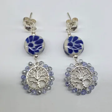 Arete Bola y Árbol Bordado Multicolor en Plata .925 y Talavera Poblana