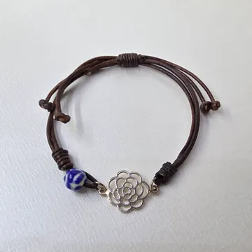 Pulsera Piel Flor en Plata .925, Talavera Poblana y Piel
